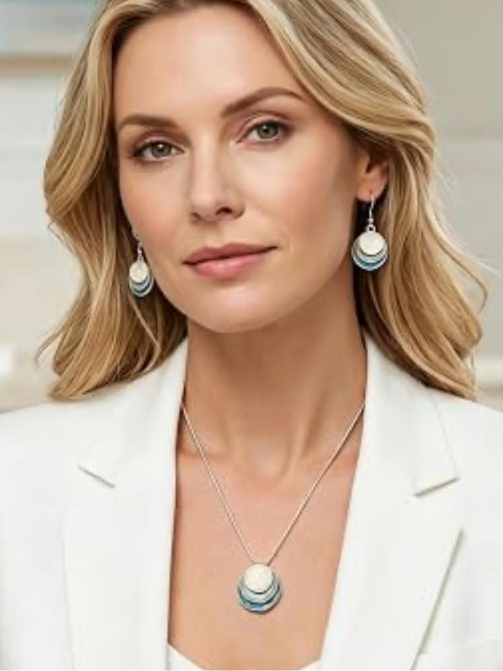 Silver and Light Blue Layered Disc Necklace & Earrings Set